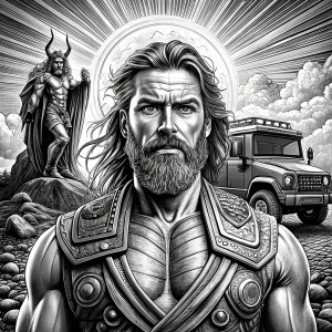 god thor with hummer perfect realistic art, high-definition, high-definition grey and black, white background 