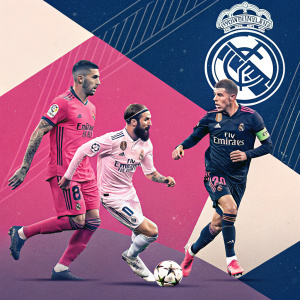 Digital collage featuring Real Madrid football players in action. Pink, navy blue, and dark graphics. Sporty and modern design
