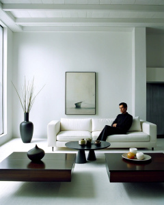 Living room with minimalist furniture and decoration in black and white tones, with a unicolor wall in the background and a person sitting