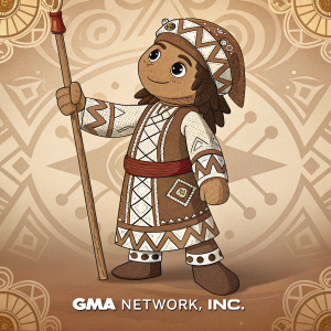Imaw, a puppet character from Encantadia, dressed in a rustic brown and white attire with intricate geometric patterns, holding a wooden staff. The character is set against an elaborate, ornate background adorned with mystical symbols and the GMA Network, Inc. logo at the bottom.