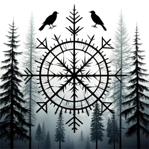 Yggdrasil vegvisir runes  geometric Symbols - raven and trees - perfect realistic art, high-definition, high-definition grey and black, white background 