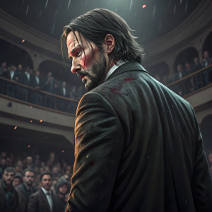 Keanu Reeves in character as John Wick, intense expression. His face shows scars and injuries. Shot from behind, audience watching him.
