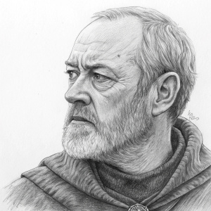 A charcoal sketch of Ser Davos Seaworth, featured in Game of Thrones. The artist captures his weathered face and determined gaze.
