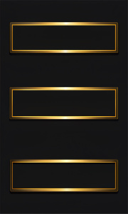 CONJUNTO DE RECTANGULO DE TEXTO HORIZONTALES LARGOS Y DELGADOS. VACIO COLORES NEGRO Y DORADO, CON BORDE, SIN BRILLO

