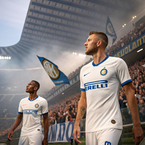 High-resolution images of Inter Milan players in the new Nike Away Kit. White jerseys with blue accents, set against the backdrop of San Siro stadium, filled with enthusiastic fans. Athletes in dynamic poses, perfect for sports enthusiasts and soccer fans. Shop now!