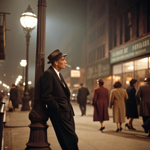 Frank Sinatra, donning a classic dark suit and fedora, smoking a cigarette. He leans against a dimly lit street lamp on a bustling 1940s city street, where people in vintage attire pass by, under a soft sepia filter.