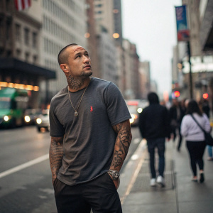 Radja Nainggolan, soccer player, standing on a city street. Wearing casual clothes and no jersey, showing tattoos.