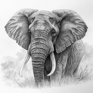 Hyper-realistic ink drawing of an elephant's head. Minimalistic background with faint shadows and light