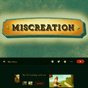 Homepage for 'Miscreation' video game. Features a banner with game logo, description, and screenshot showcasing gameplay including YouTube video thumbnail.
