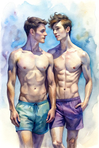 A couple of cute slender muscled shirtless young men with very short dark hair, at full height, wearing swimjammers, holding hands and kissing each other