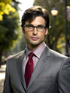 retrato realista de Tom Welling como Clark Kent da série smallville, usando um terno cinza, camisa salmão por baixo e uma gravata vermelha, usando óculos de grau de aro preto, cabelo bem penteado com pomada de lado, ele esta no meio de uma avenida, de frente, expressão sério, de meio corpo