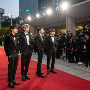 Korean boy band Tomorrow X Together at a major award show. Wearing formal suits, standing on a red carpet, surrounded by camera flashes.