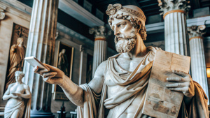 Una estatua de Pericles, el líder ateniense, sosteniendo un mapa antiguo en una mano y un pergamino en la otra. La estatua está en un entorno que simula una antigua sala de reuniones o un consejo, con detalles de arquitectura y arte clásico.