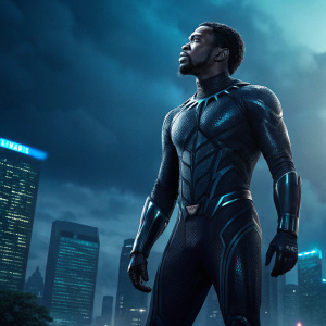 Digital illustration for 'Black Panther: Wakanda Forever'. T'Challa in futuristic costume standing in foreground. Dark cityscape, blue tones, dramatic lighting.
