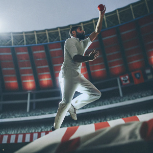 Virat Kohli, dynamic pose, white cricket attire, mid-air ball. Outdoor stadium with fans and banners
