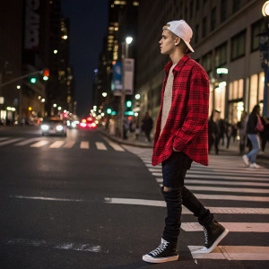 Justin Bieber, dressed casually in a red flannel shirt, black jeans, and a white cap, standing alone on a bustling city street at night.