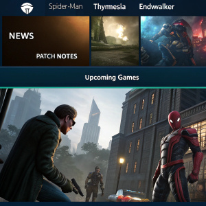 A high-resolution screenshot of the Steam home page with a sleek, dark background. Various games including Spider-Man, Thymesia, and Endwalker are displayed in a grid layout. Categories such as News, Patch Notes, and Upcoming Games are prominently featured.