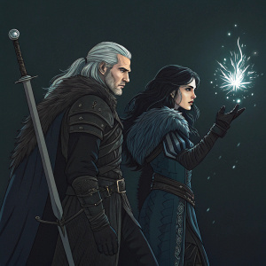 Digital artwork featuring Geralt of Rivia and Yennefer of Vengerberg. Dark background. Limited color palette.