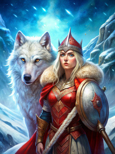 lobo blanco gigante junto a una guerrera mujer vikinga, una valkiria con un casco con cuernos, casco de vikingo guerrero ROJO en la cabeza, vestida todo de color rojo, muy ruda y valiente, fondo cielo azul y hielo, con espada en mano y escudo