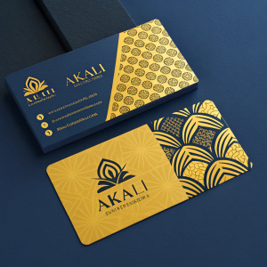 Modern and sleek business card design for Akali. Features gold and yellow hues, intricate collage layout, set against a dark blue backdrop
