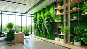 Green living wall with perennial plants in modern office. Urban gardening landscaping interior design. Fresh green vertical plant wall inside office