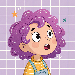 Cartoon character with purple, wavy hair. Surprised look. Grid pattern background.