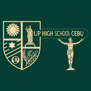 Logo design for Up High School Cebu. Golden emblem on dark green background. Stylized human figure on right symbolizing academic excellence. Cultural aspect on left. Modern, clean lines, limited color palette, clear legible text.