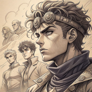 A detailed pencil sketch of characters from JoJo's Bizarre Adventure, with expressive poses and intricate facial details, on a beige background. Gray scale with shading and varying line thicknesses to depict depth.