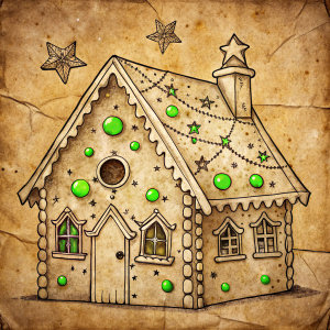 black and white schematic drawing of a gingerbread horror house with blueberries and sprinkles of green stars on old paper