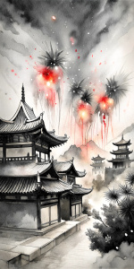 ancient chinese buildings new year's eve firecrackers black and white