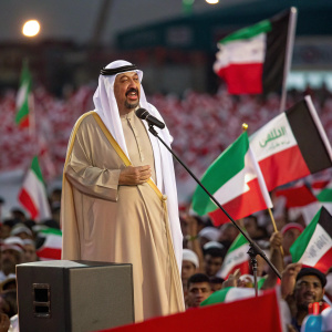 Sheikh Jaber Al-Mubarak Al-Sabah, Prime Minister of Kuwait, addressing a vibrant political rally. Crowds cheering