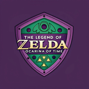 Digital art piece featuring The Legend of Zelda: Ocarina of Time logo in a vibrant purple and green color scheme.