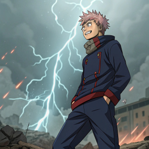Digital art illustration of Itadori Yuji from Jujutsu Kaisen. He stands confidently against a chaotic battlefield backdrop, with a powerful and electrified aura. Anime-style rendering