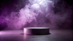 Minimal Studio Background in dark purple Colors. Smoke Fog Modern Podium for Product Presentation