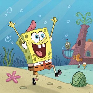 SpongeBob SquarePants in Bikini Bottom, waving arms up excitedly, huge smile.
