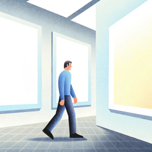 Felipe VI, the King of Spain, in a casual blue shirt and jeans. Walking through a modern art gallery. Bright lights and white walls in the background.