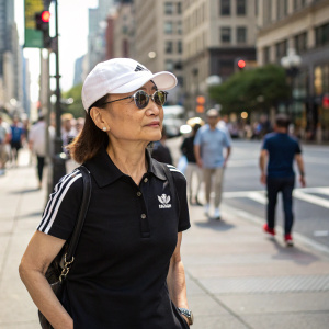 Asako Takakura, Asian woman in a casual outfit. She wears black Adidas polo, white cap, and sunglasses. On a busy city street.