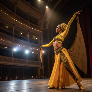 Twi'lek dancer Aydia performing at the Coruscant Opera House, adorned in a vibrant ensemble of yellow and brown hues, under the spotlight.