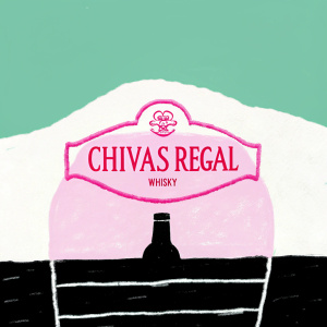 Creative advertisement for Chivas Regal Whisky. Bold, red text highlighting unique blending process. Sleek, minimalist design.