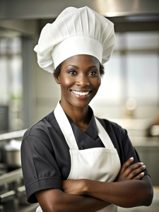 african american young women chef in a chef's hat with arms crossed wears apron standing in restaurant kitchen and smiling