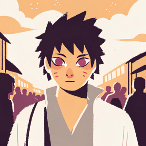 Anime illustration of Naruto. Character has a sharp jawline, bold red and purple eyes, and short black spiky hair. Background is a vivid, bustling street scene.