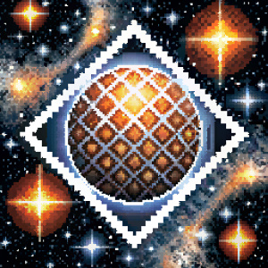 Cosmos : white stars are a geometric lattice, orange Jupiter is an impossible figure. Black and white graphics, perspective game, mathematical precision. Maurice Escher