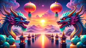 sea, background for the game, Chinese new year, 
two wooden dragon