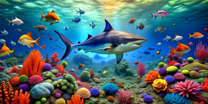 Underwater world with colorful fish and a big shark beautiful corals and various other underwater things, high quality, 8k, realistic elements