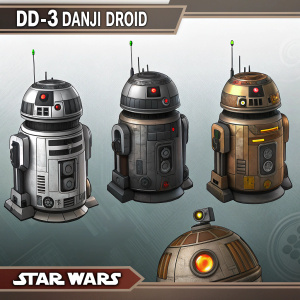Concept art showcasing various iterations of the DD-3 Danji Droid from the Star Wars universe, arranged in a grid pattern. Each version highlights unique design elements and functionalities. The artwork includes the official Star Wars logo and detailed descriptions of the droid's features.