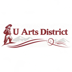Crimson 'U ARTS DISTRICT' text in bold sans-serif script on a plain white background. Simple and powerful design
