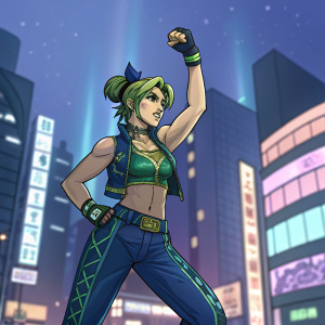 Jolyne Cujoh from JoJo's Bizarre Adventure. Fighting pose, bright cityscape background.