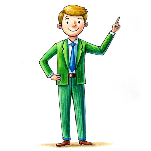 40 years old male teacher in suit, as a drawing for a cartoon, on a white background, whole body he points with his hands