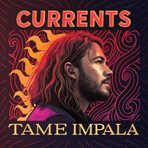 Album cover for 'Currents' by Tame Impala. A man's face with vibrant, fiery patterns in red, orange, and pink. Dark background. Modern and edgy graphic design.