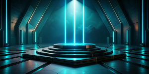 Futuristic dark podium with light and reflection background